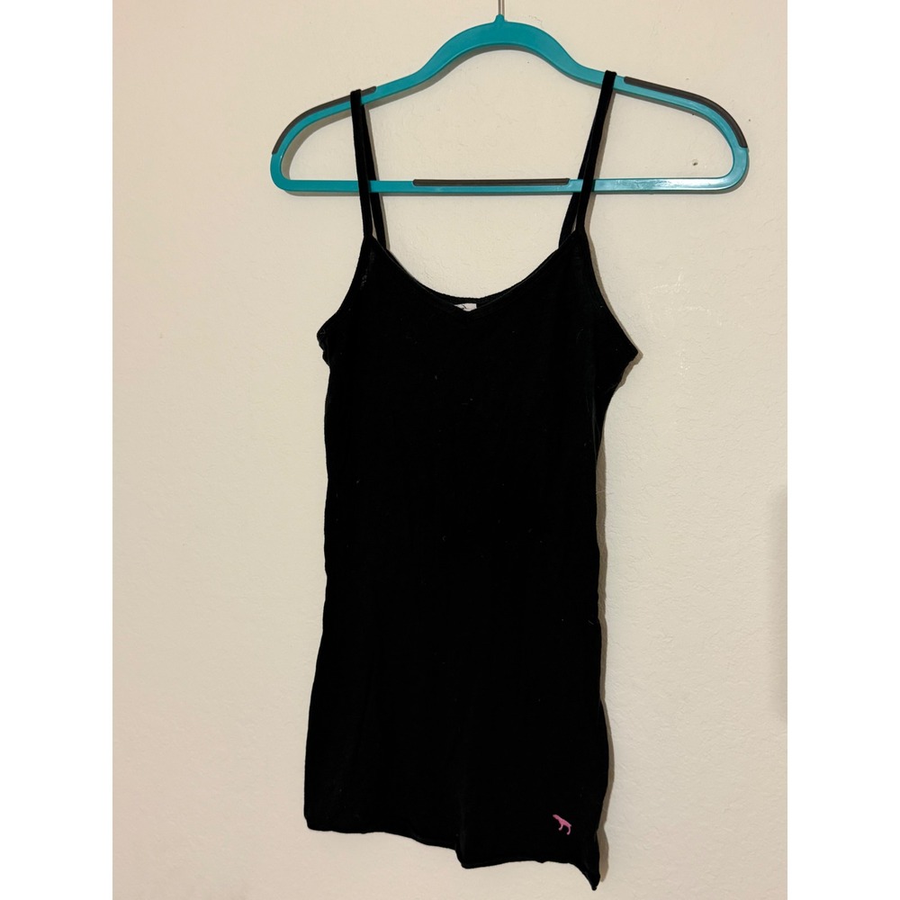 Victorias Secret PINK Cami Tank Top Black Spaghetti Strap Small Dog Logo Ribbed